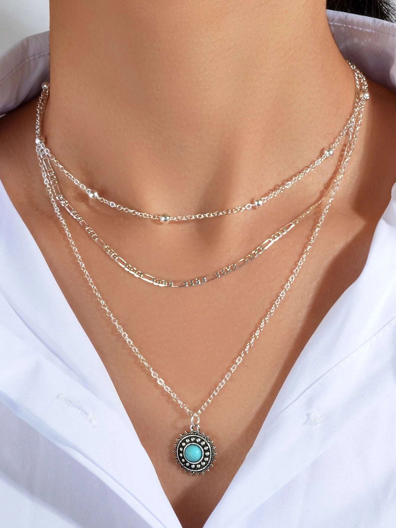 Multi-layer Chain Round Turquoise Pendant Necklace Blue Bead Party Jewellery
