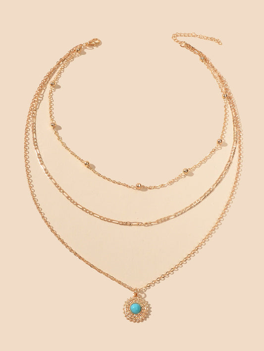 Multi-layer Chain Round Turquoise Pendant Necklace Blue Bead Party Jewellery