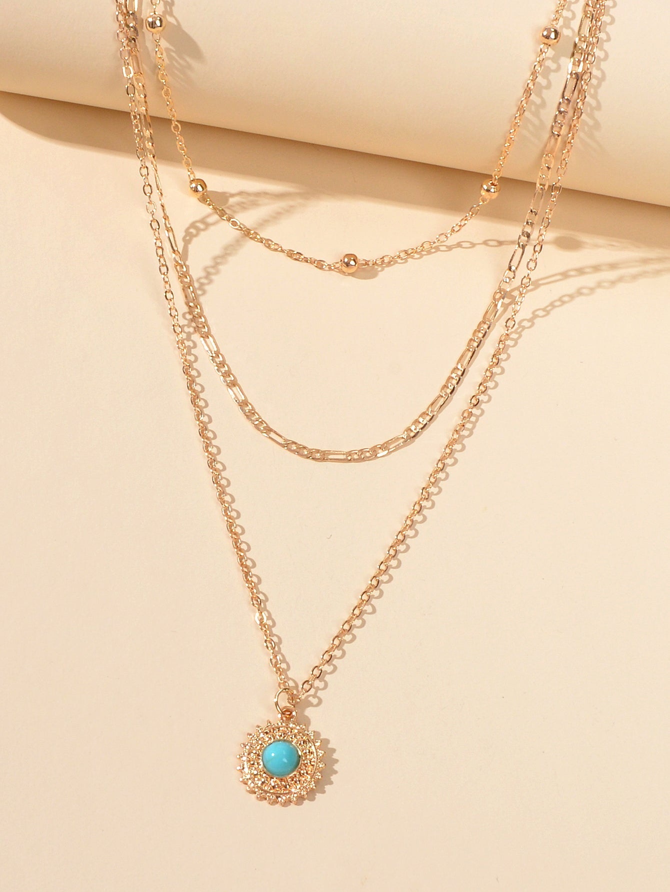 Multi-layer Chain Round Turquoise Pendant Necklace Blue Bead Party Jewellery