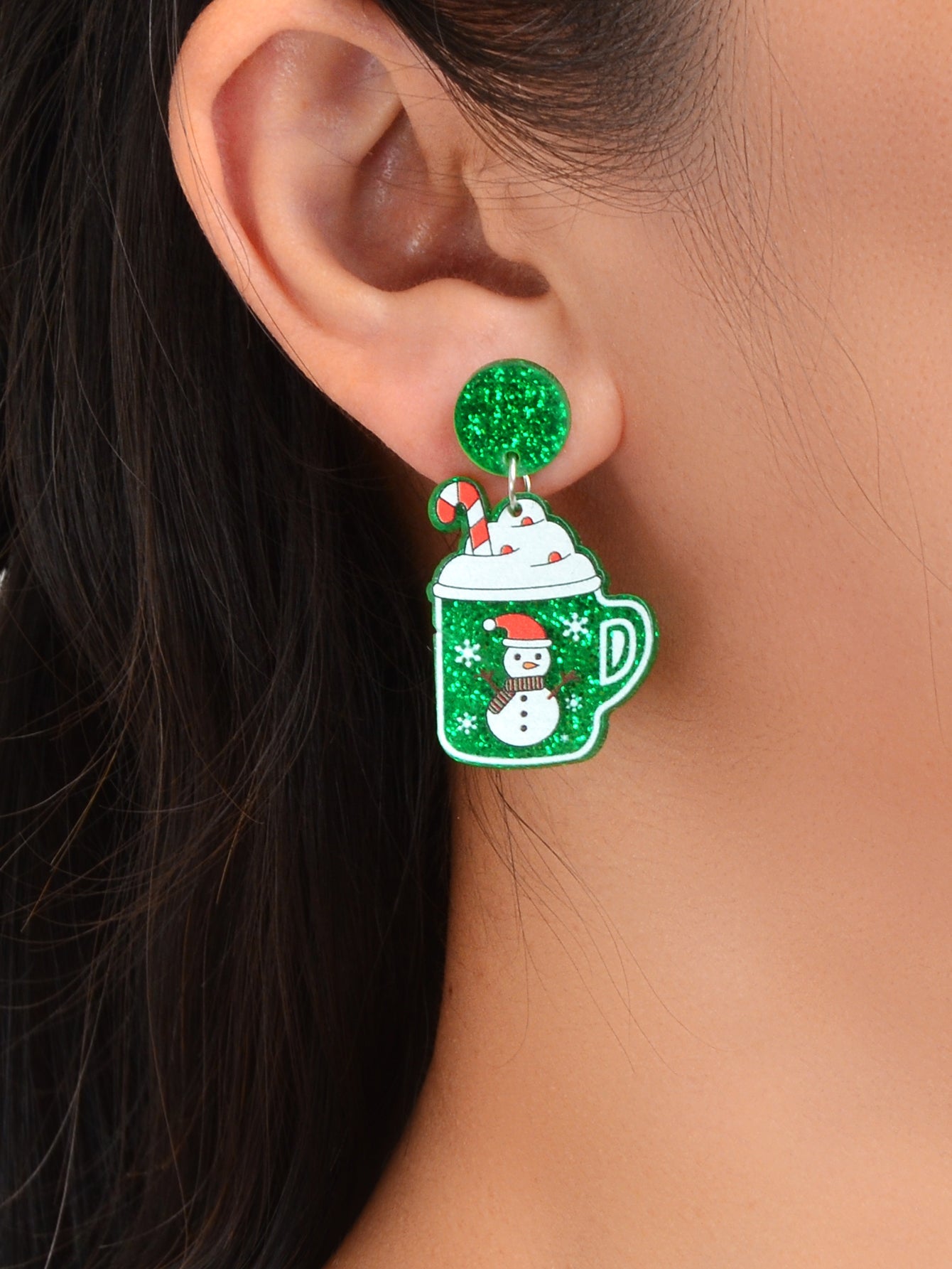 Christmas Sparkling Snowman Candy Cane Pattern Green Ice Cream Cup Earrings Gift