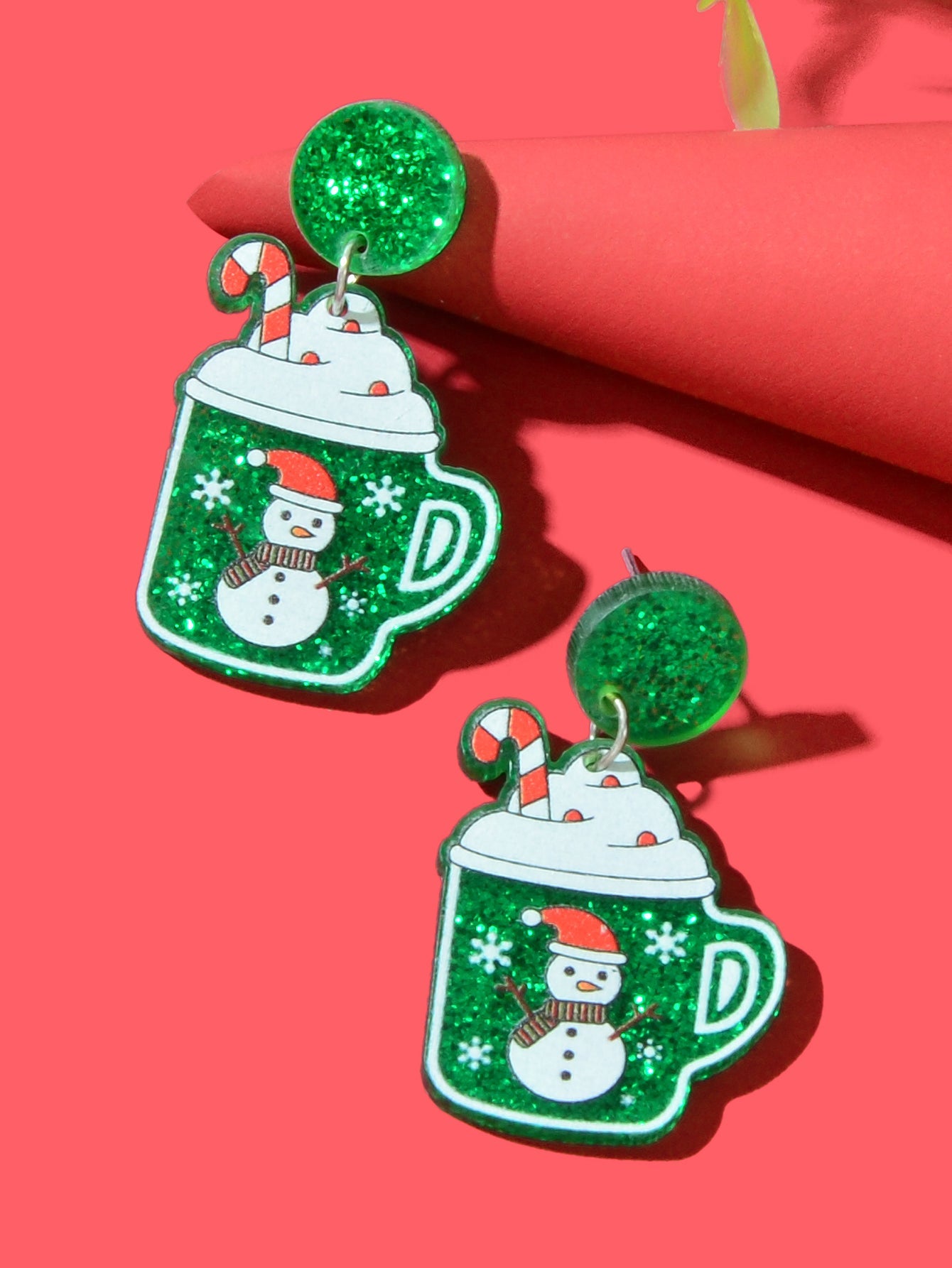 Christmas Sparkling Snowman Candy Cane Pattern Green Ice Cream Cup Earrings Gift