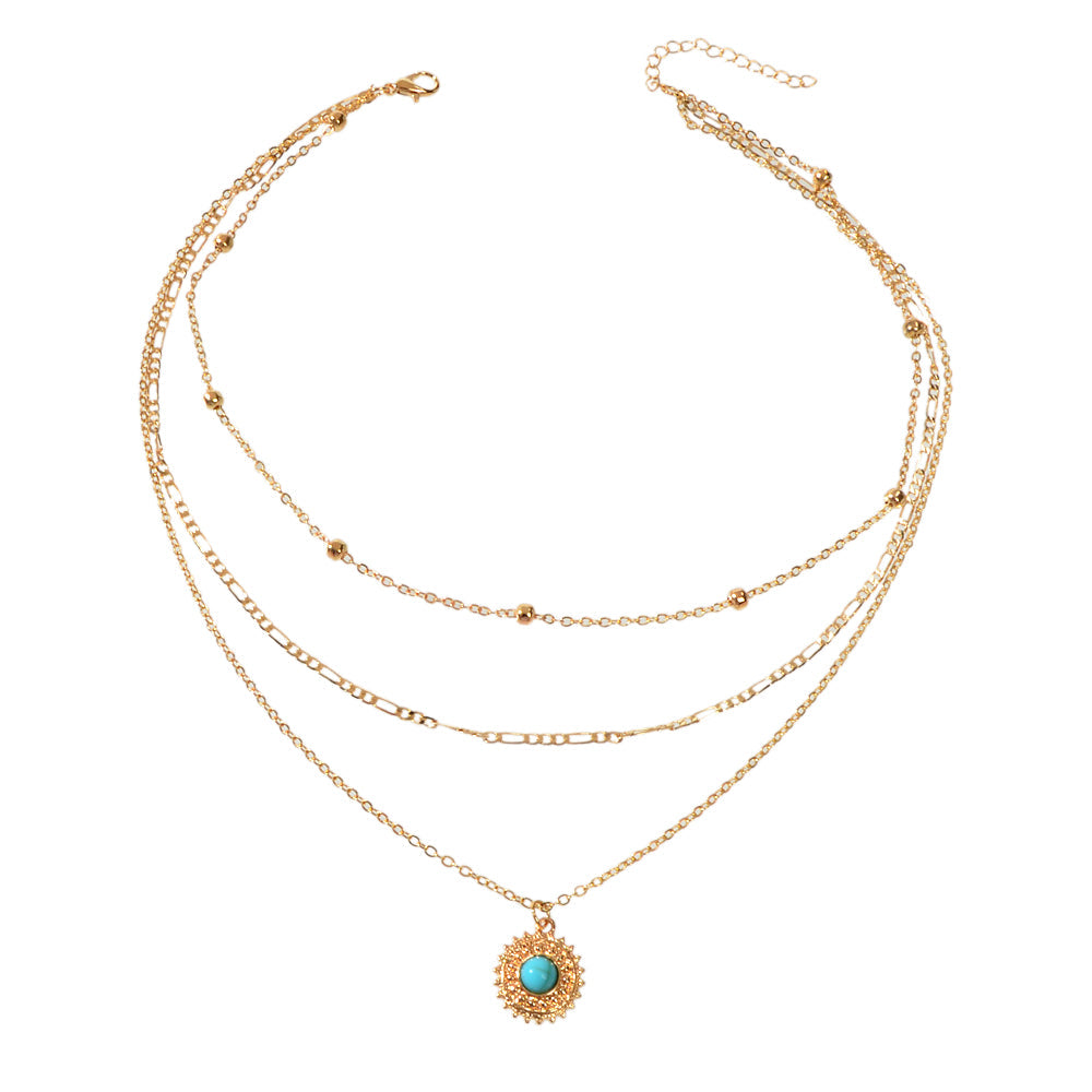 Multi-layer Chain Round Turquoise Pendant Necklace Blue Bead Party Jewellery